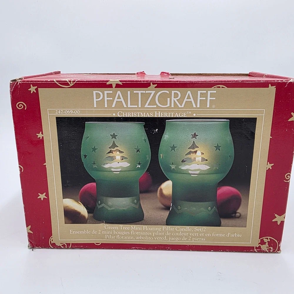 Pfaltzgraff Christmas Heritage Green Frosted Glass Mini Candle Holder Set 2pc
